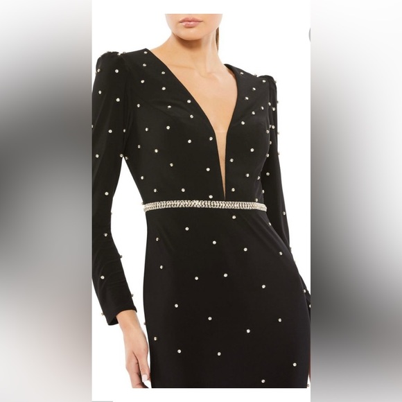 COPY - Mac duggal Belted Jewel Encrusted Plunge Neck Long Sleeve Gown - Picture 2 of 6